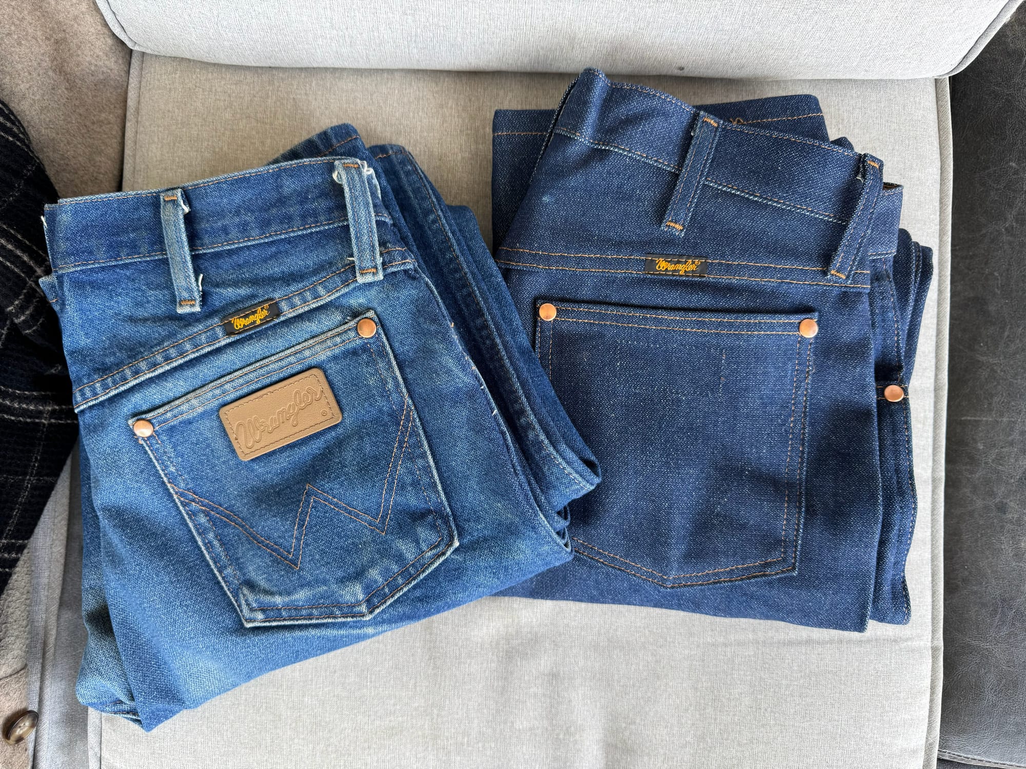 Aged pair of raw 13MWZ next to a brand new pair