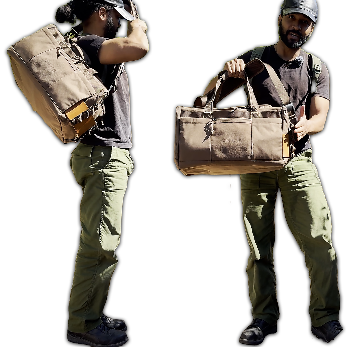 Holding the KNKG Core Pro Duffel in Mud color on body and in hand