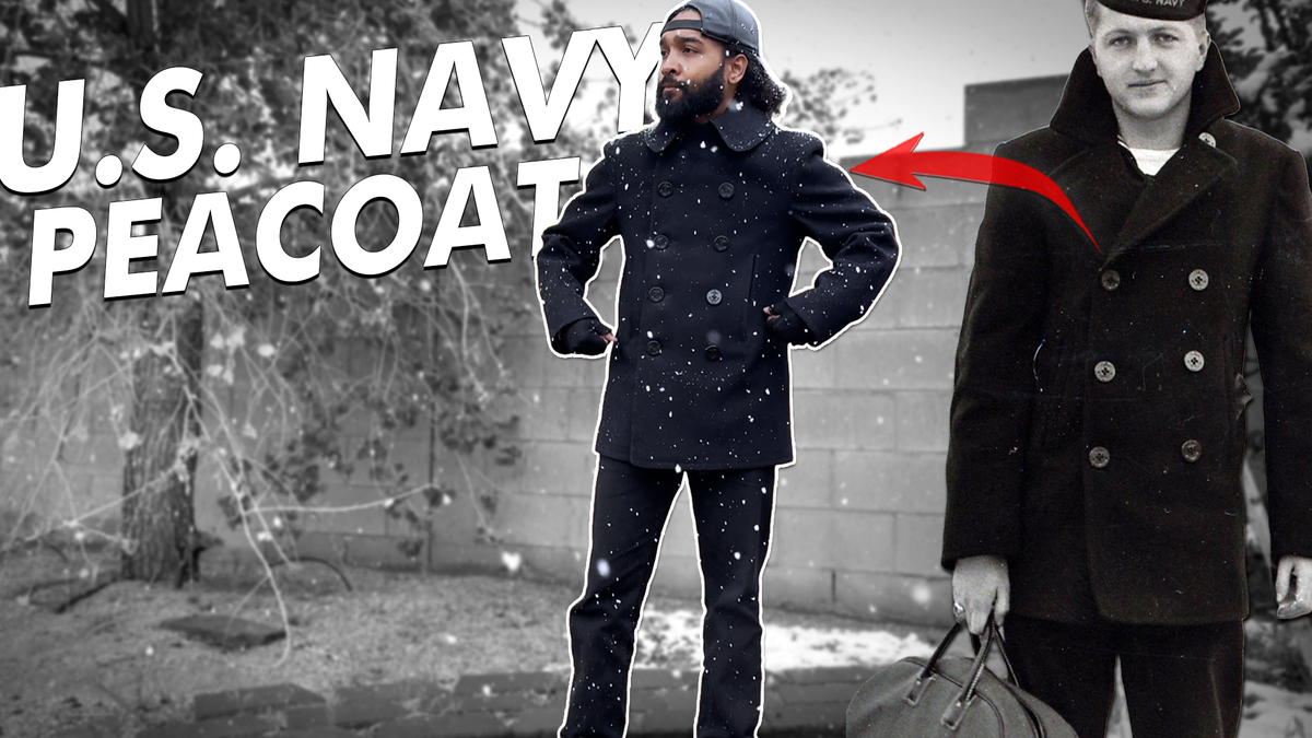 Wearing a U.S. Navy peacoat from the 1940s next to a photo of a 40s soldier