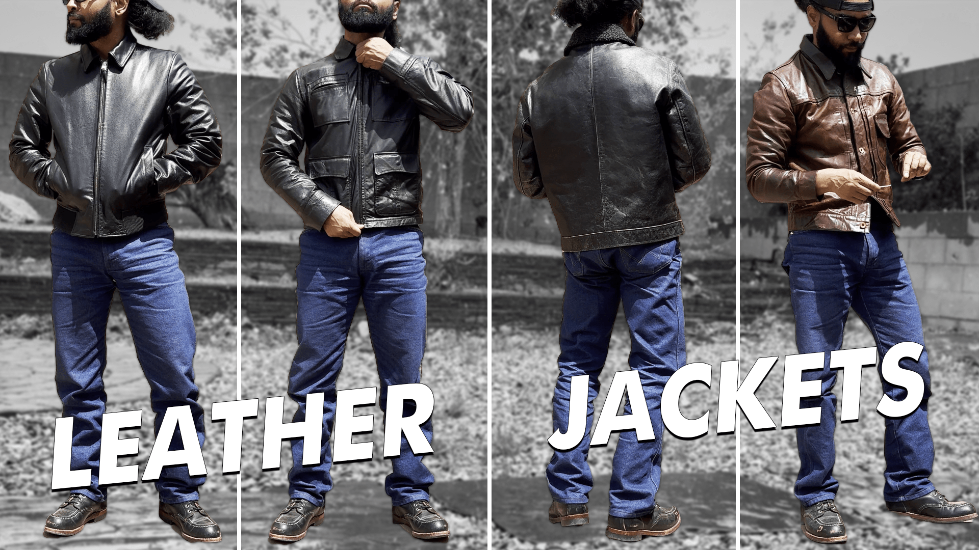 Four different leather jackets: cowhide, lambskin, distressed cowhide and FQ horsehide