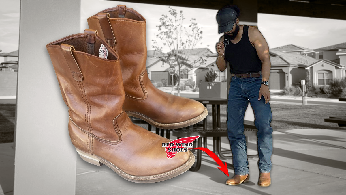 Wearing a pair of Red Wing Pecos boots with an enlarged image of the pair
