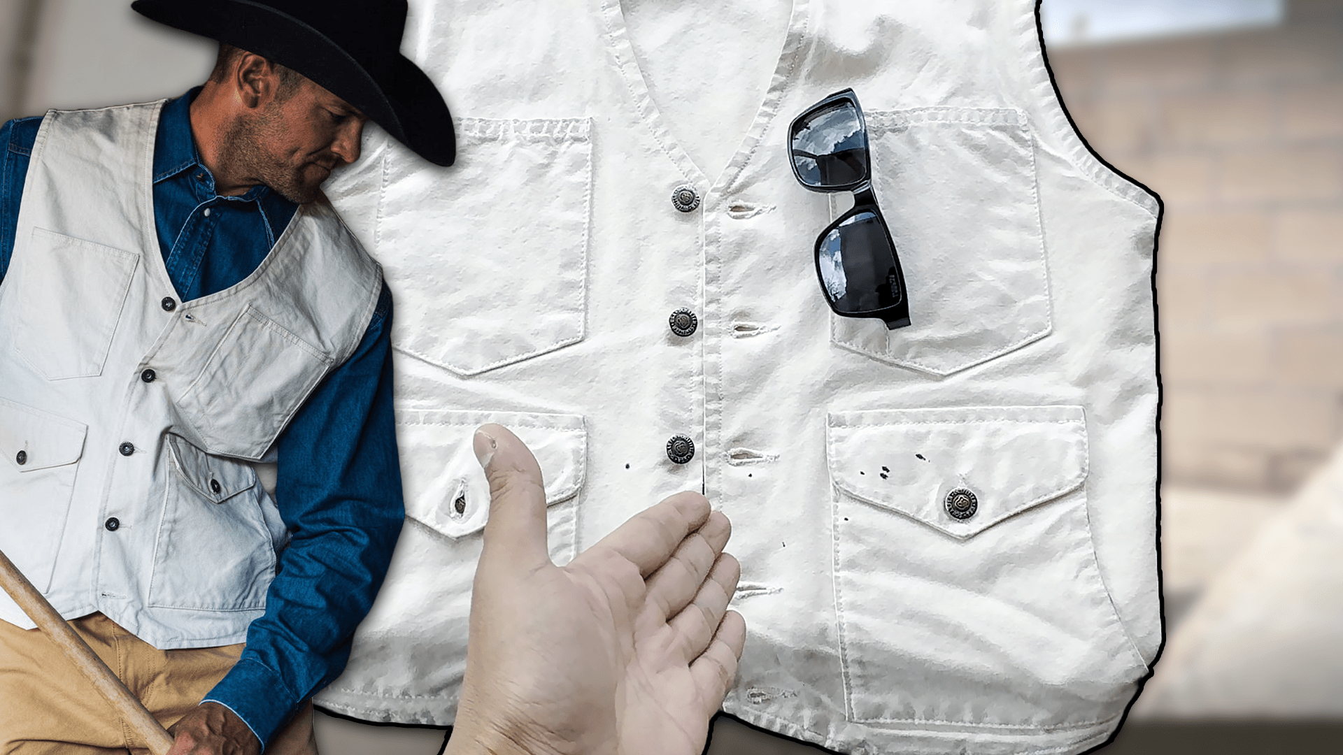 Hand pointing at a Schaefer Outfitter canvas vest in natural cotton color