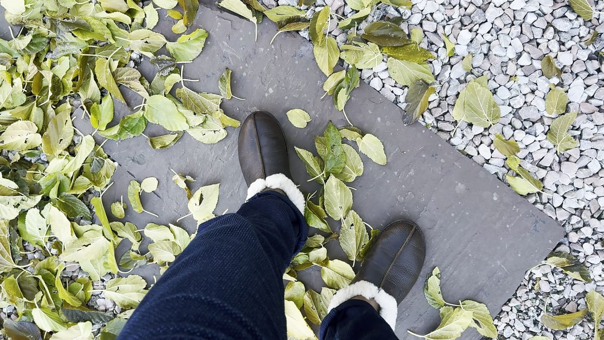 Top-down view of Saddleback Leather Co. sheepskin moccasins