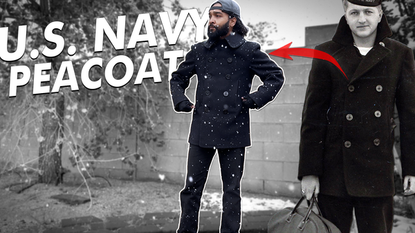 Wearing a U.S. Navy peacoat from the 1940s next to a photo of a 40s soldier