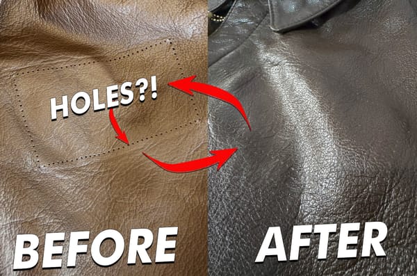 Before and after filling in the holes of an A2 leather jacket