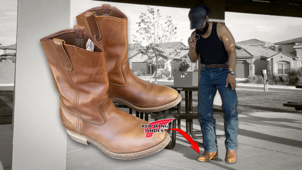 Wearing a pair of Red Wing Pecos boots with an enlarged image of the pair
