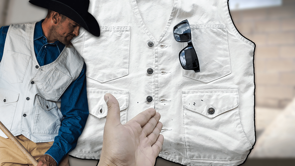 Hand pointing at a Schaefer Outfitter canvas vest in natural cotton color